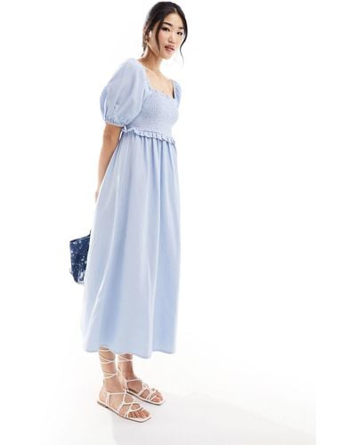 New Look Shirred Puff Sleeve Linen Blend Midi Dress - Blue