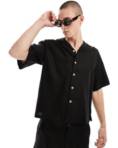 ADPT Oversized Linen Mix Revere Collar Shirt - Black
