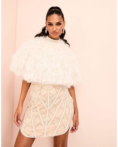 ASOS Faux Feather Cape Embellished Mini Dress - Natural