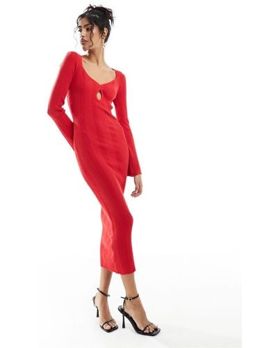 Pretty Lavish Sweetheart Neck Knitted Midi Dress - Red