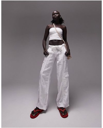 Topshop Unique Pantalon droit en lin avec taille mi-haute nouée - Blanc