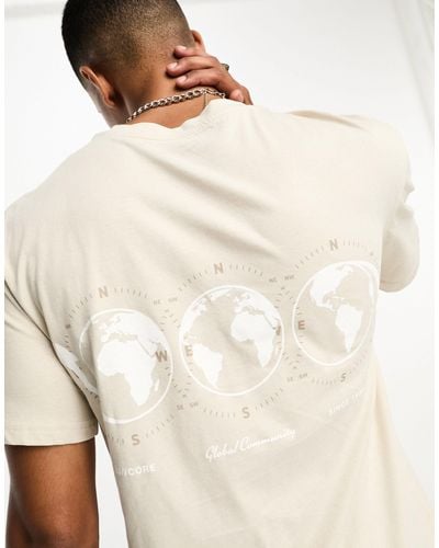 Jack & Jones Originals Relaxed T-shirt With Globe Back Print - Natural
