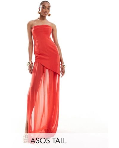 ASOS Tall Structu Bandeau Maxi Dress With Chiffon Thigh Split Skirt - Red
