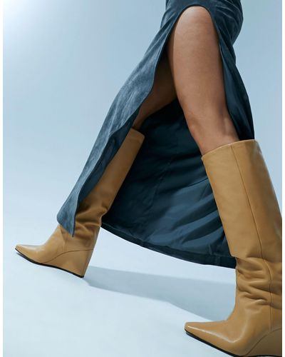 ASOS Cali Premium Leather Wedge Knee Boots - Blue