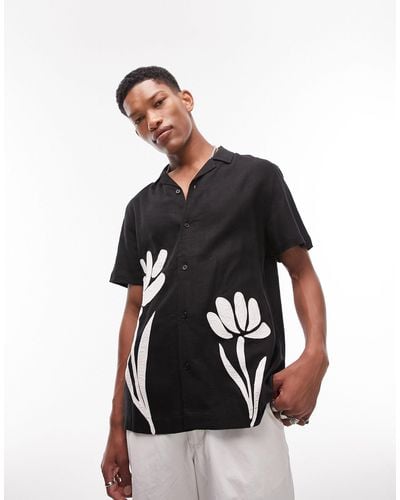 TOPMAN Short Sleeve Embroidered Regular Fit Panel Shirt - Black