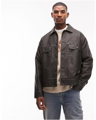 TOPMAN Distressed Faux Leather Shacket - Black