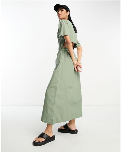 ASOS 2 In 1 T-shirt With Midi Dress With Cargo Skirt And Contrast Stitch In Khaki - Green