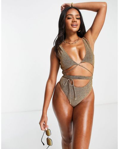 South Beach Exclusive Cut Out Wrap Around Swimsuit - Metallic