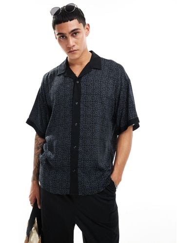 ADPT Oversized Revere Collar Shirt With Boarder Print - Blue