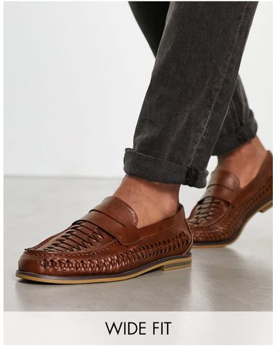 Truffle Collection Wide Fit Faux Leather Woven Saddle Loafers - Brown
