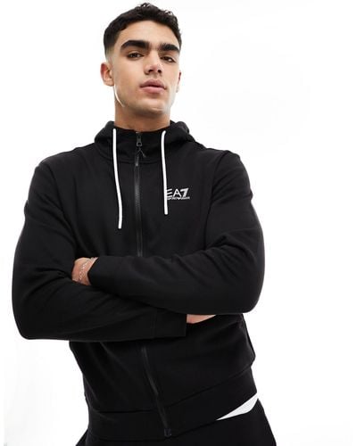 EA7 Armani Front & Back Logo Sweat Full Zip Hoodie And jogger Tracksuit - Black