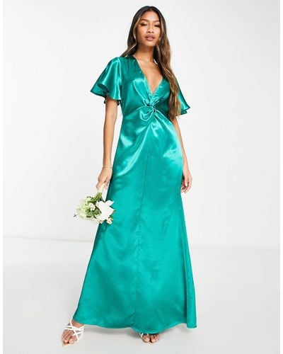 Vila Bridesmaid Satin Flutter Sleeve Maxi Dress - Blue