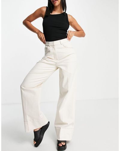 SELECTED Femme - pantalon large élégant avec coutures contrastantes en coton - crème - cream - Blanc