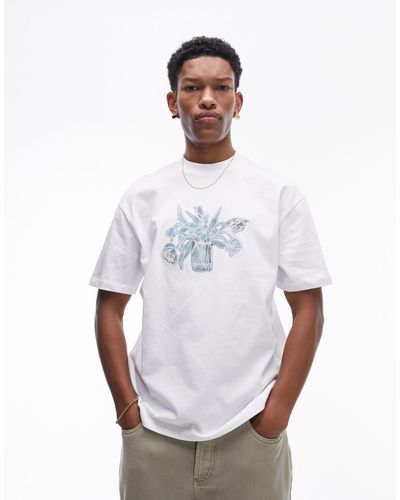 TOPMAN Premium Oversized Fit T-shirt With Flowers - White