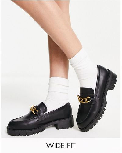 London Rebel London Rebel Wide Fit Chunky Loafers With Chain - Black