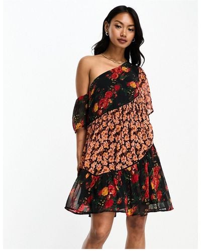 ASOS Chiffon One Shoulder Mini Smock Dress With Spliced Mixed Prints - Red
