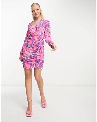 Pieces V Neck Ruched Detail Mini Dress - Pink