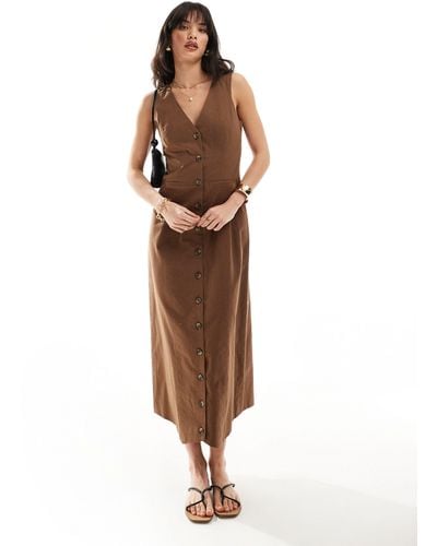 ASOS Midi Button Through Linen Waistcoat Dress - Brown