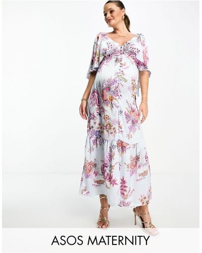 ASOS Asos Design Maternity Satin Flutter Sleeve V-neck Maxi Dress With Tier Hem - White