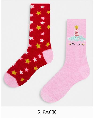 Threadbare 2 Pack Fluffy Star And Unicorn Socks - Red