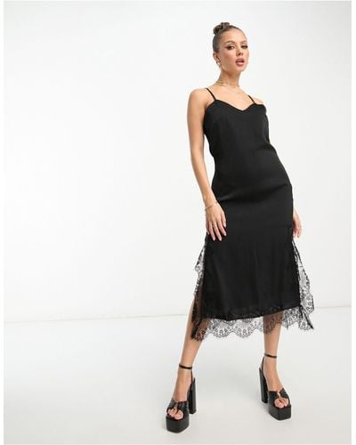 Lola May Cami Strap Midi Dress With Lace Trim - Black
