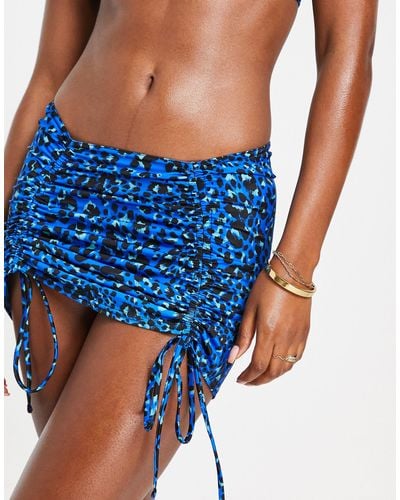 TOPSHOP Animal Print Ruche Side Swim Skirt - Blue