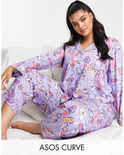 ASOS Asos Design Curve Exclusive Modal Floral Shirt & Trouser Pyjama Set - Purple