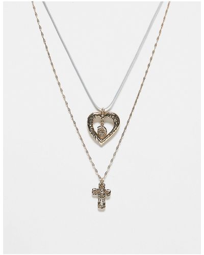 Reclaimed (vintage) Collier double rang unisexe à pendentifs croix et cœur - Blanc