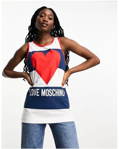 Love Moschino Top azul marino a rayas sin mangas con logo - Rojo