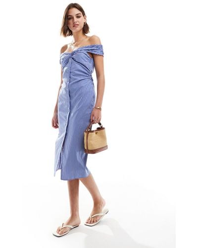 Mango Bardot Stripe Midi Dress - Blue