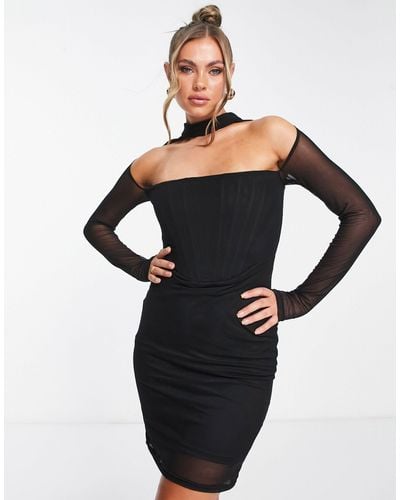 Femme Luxe Mesh Long Sleeve Corset Style Midi Dress - Black