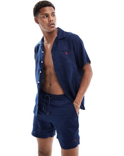 Polo Ralph Lauren Icon Logo Short Sleeve Linen Shirt Classic Oversized Fit - Blue