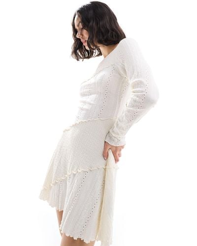 Miss Selfridge Mixed Texture Long Sleeve Scoop Back Mini Dress - White