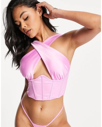 ASOS Lucinda Satin Wrap Front Exposed Wire Corset - Pink
