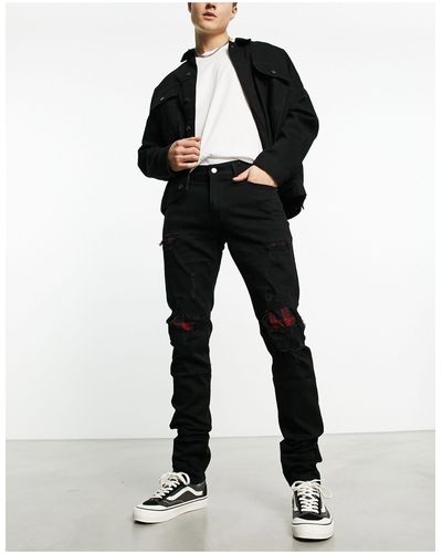 Hollister Stacked - Skinny-fit Jeans Met Gerepareerde Plekken Met Ruitprint - Zwart