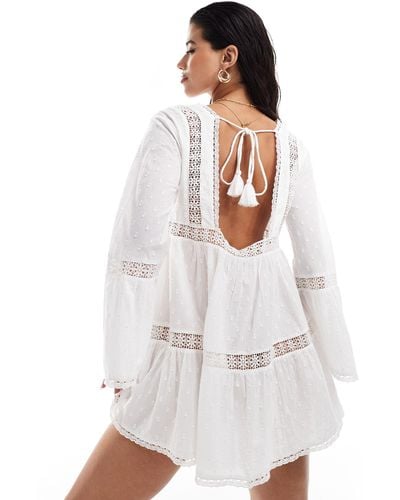 Miss Selfridge Beach Broderie Lace Insert Fluted Sleeve Cover Up Mini Dress - White