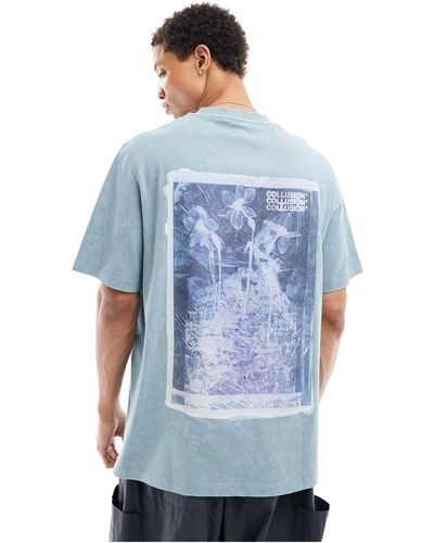 Collusion T-shirt en piqué à imprimé fleurs style polaroïd au dos - Bleu