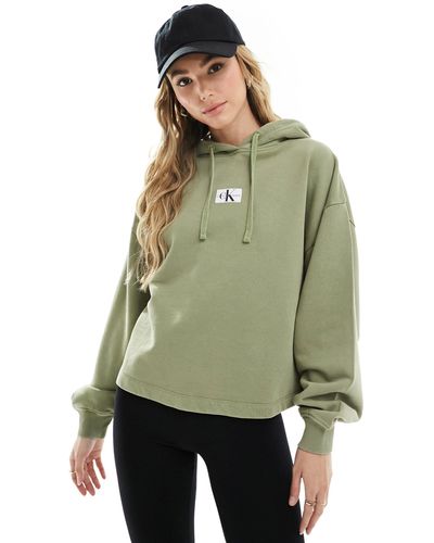 Calvin Klein Washed Cotton Cropped Hoodie - Green