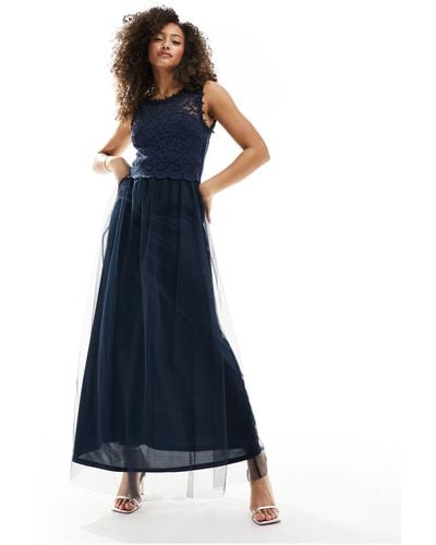 Vila Bridesmaid Lace And Tulle Maxi Dress - Blue