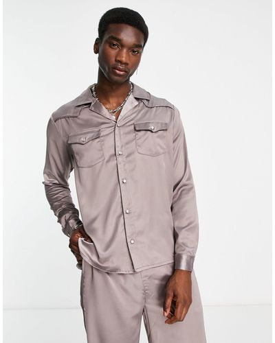 Reclaimed (vintage) Inspired Western Satin Shirt - Grey