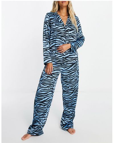 River Island Zebra Satin Pajama Trouser - Blue