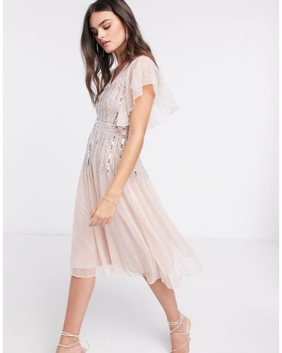 Frock and Frill Scattered Sequin Midi Skater Dress With Angel Sleeve - Pink