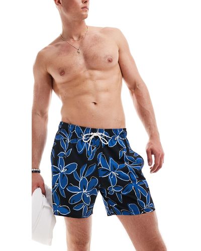 Hollister Pantaloncini da bagno da 9" neri con tasche laterali e stampa floreale blu