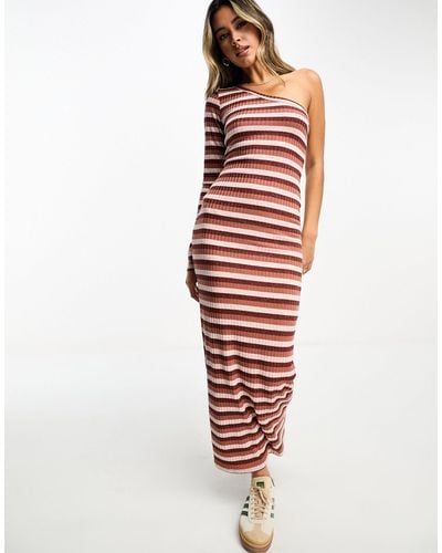 ASOS Ribbed One Shoulder Long Sleeve Striped Maxi Dress - Red