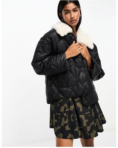 River Island Padded Jacket With Faux Fur Collar - Black
