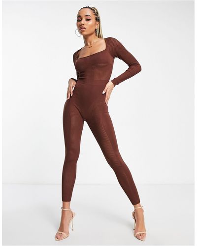 SIMMI Simmi Knitted Ribbed Contour Jumpsuit - Brown