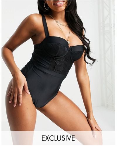 Wolf & Whistle Fuller Bust Exclusive Underwire Swimsuit With Lace Panel - Black