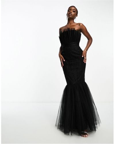 LACE & BEADS Lace And Beads Tulle Strapless Fishtail Maxi Dress - Black
