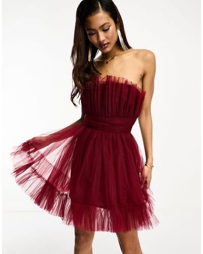 LACE & BEADS Bandeau Tulle Mini Dress - Red