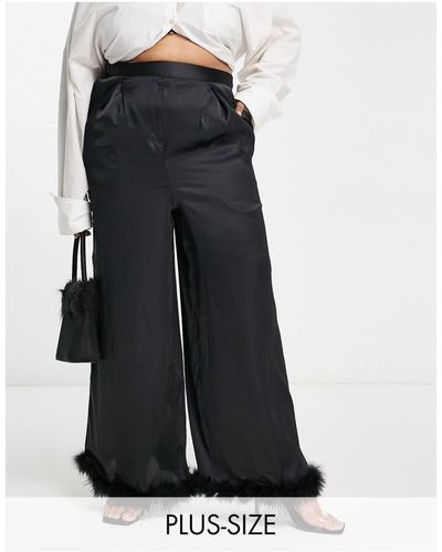 Yours Exclusivité - - pantalon d'ensemble ample en satin avec bords duveteux - Noir
